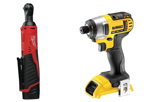 2 examples of cordless impact drivers: normal and right angled