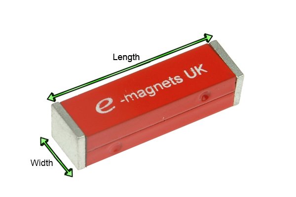 Two Red rectangular bar magnets held together by a keeper with labelled diameter and length