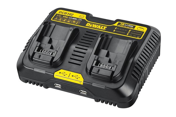 Dual port charger that can charge two rechargeable power tool batteries.