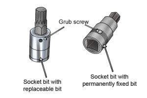 Grub screw, replaceable and permanently fixed socket bit