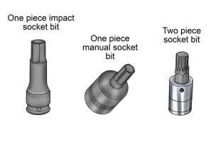 Selection of socket bits including one piece and two piece bits