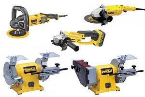 Different types of DeWalt grinder including angle grinder, bench grinder, straight grinder and rotary polishers.